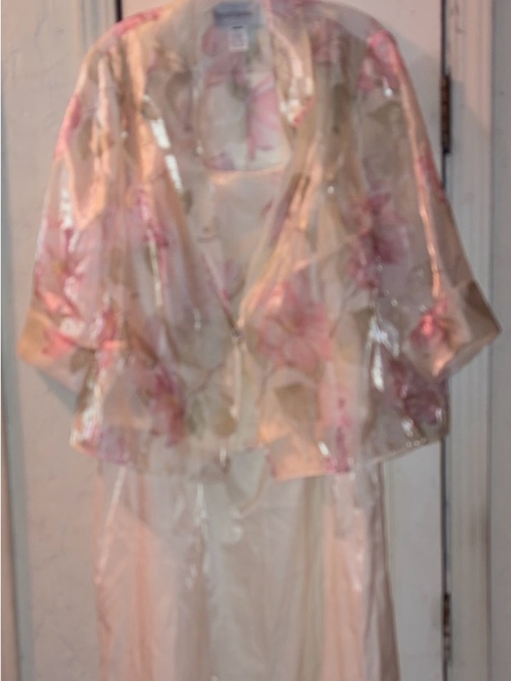 David's Bridal Sheer Floral Pink and Cream Cropped Jacket